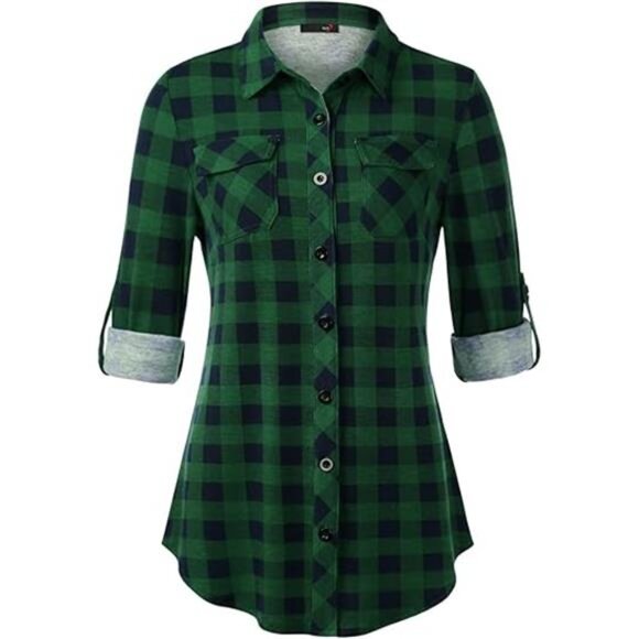 Women's Soft Stretchy Knit Plaid Shirt - Roll-Up Long Sleeve - Picture 7 of 7